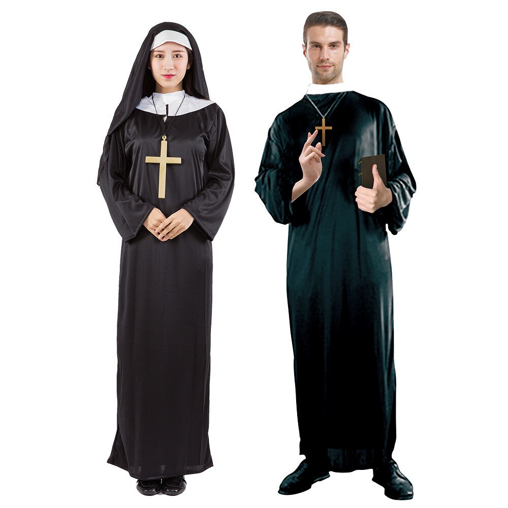 Halloween Nun Priest Cosplay Costumes for Women Men Carnival Party Adult  Medieval Missionary Robe Performance Disguise Clothing