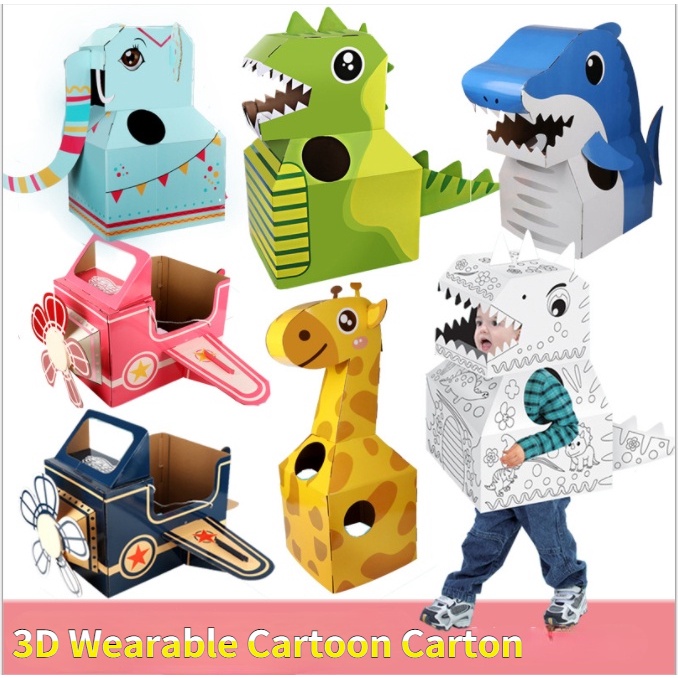 [SG Seller]Kids DIY 3D Cartoon Toy Wearable Animal Cardboard Carton Toy Dinosaur Paper Clothes Performance Drama Props