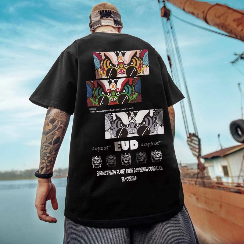Korean Fashion Style Men's Short Sleeve T-shirt Lion Dance Design Print Oversized Shirt For Man Casual Streetwear Oversize Tops Hip Hop Clothing