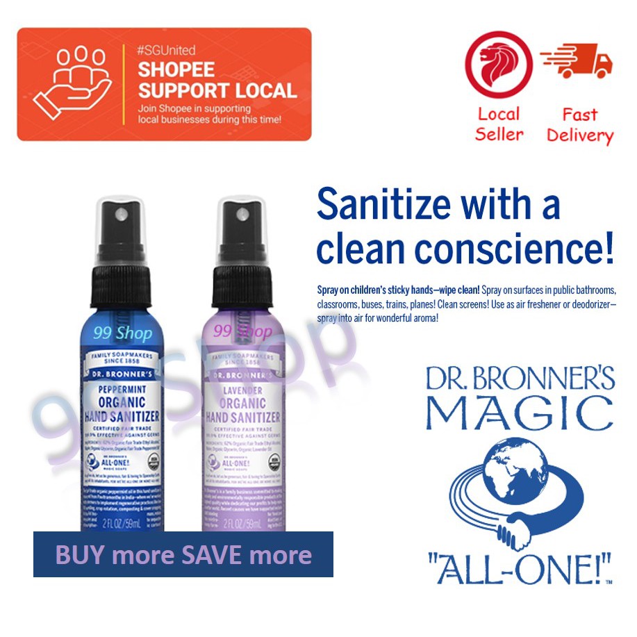 Dr Bronner's Organic Hand Sanitizer Lavender OR Peppermint 59ml No