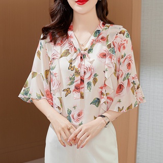 Women Blouses Shirt Floral Chiffon Shirt Female Summer V-neck Short Sleeve  Chiffon Shirts Top Blusa