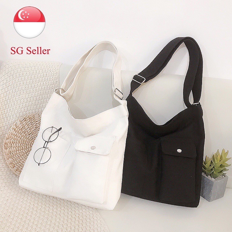 SG Stock Solid Colours Canvas Shoulder Bag Tote Bag Sling Bag Carry Bag ...