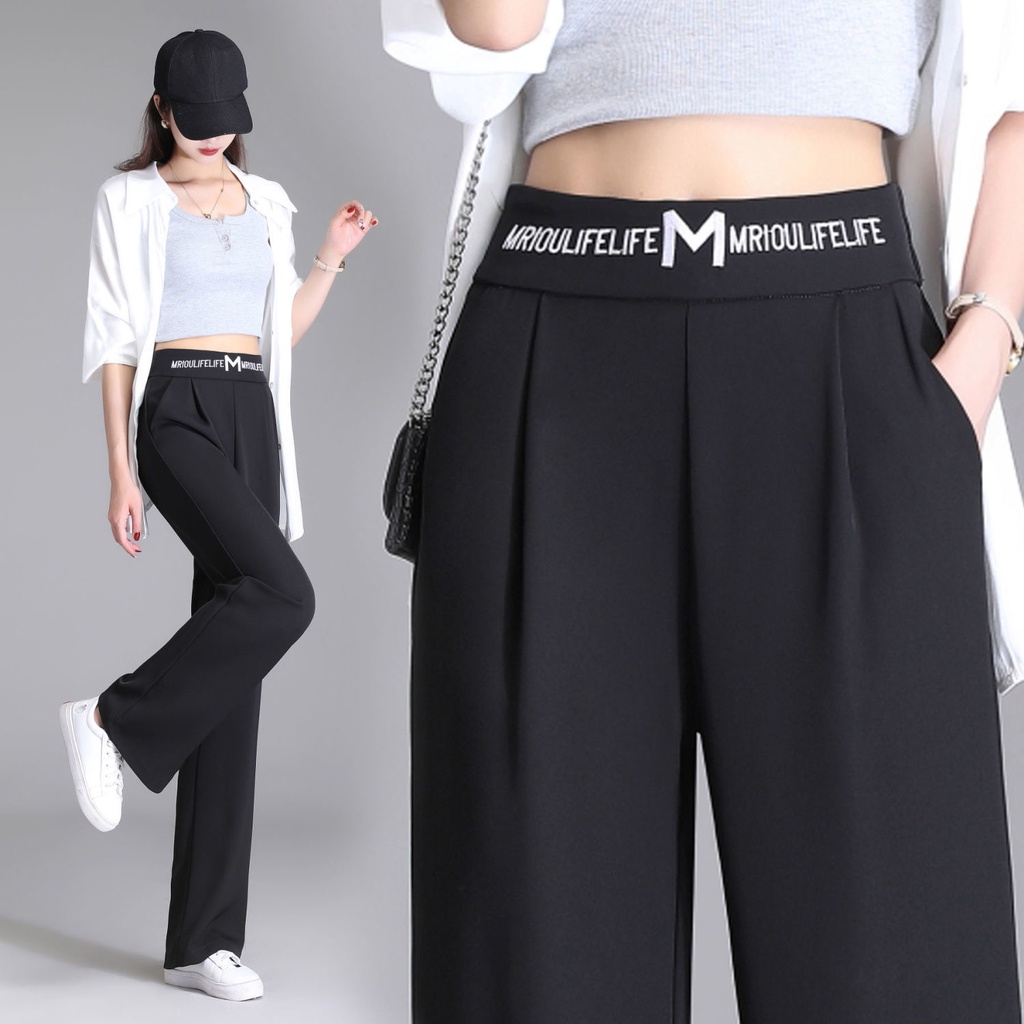 Women Wide Leg Cool Pants Summer Pocket Pants Elastic Waist Loose Black