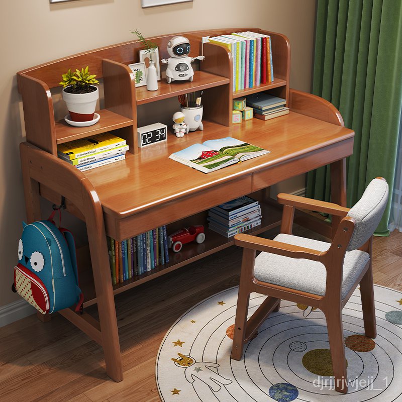 💯[in stock]💯Children's Study Desk Chair Set Adjustable Solid Wood Desk with Bookshelf Home