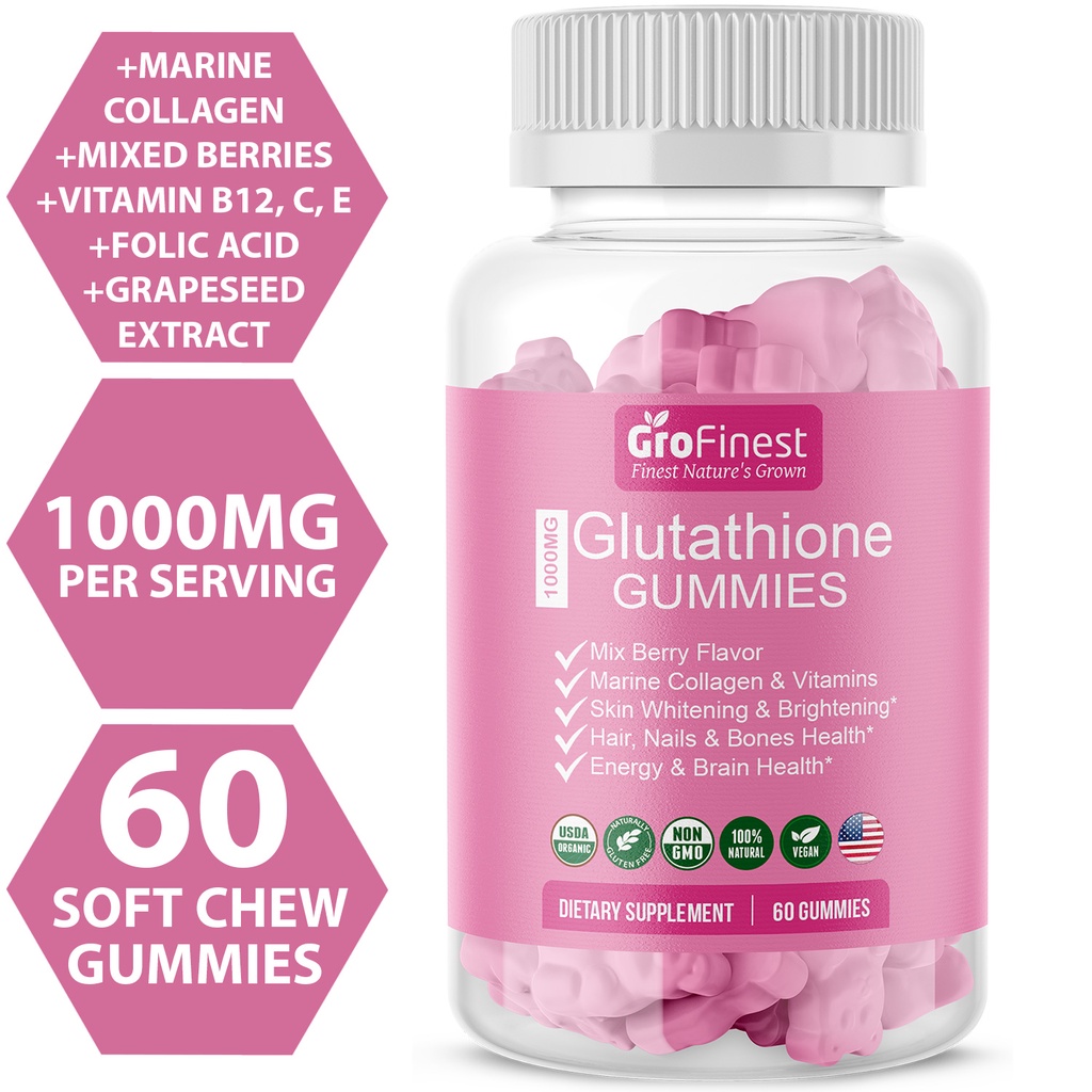Grofinest Glutathione Gummy 1000mg - Collagen Vitamin B C E Folic Acid Nails Skin Whitening Beauty Supplement 60 Gummies