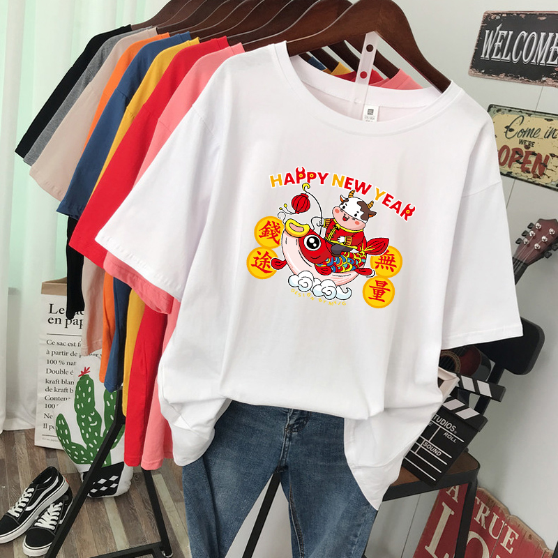 Korean House2021 CNY/ Chinese New  OX Year Women's Blouse Summer Short-sleeve baju perempuan T-shirt Fashion Clothing Student Clothes Round Neck MURAH