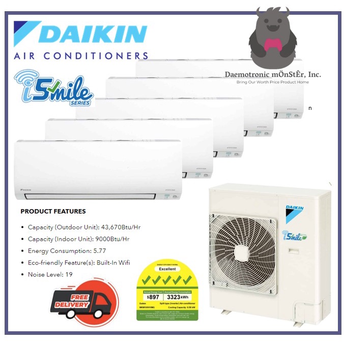Daikin iSMILE (Inverter) System 5 Aircon R32 Gas 9000BTUx3+12000BTUx2, 5 Ticks Shopee Singapore
