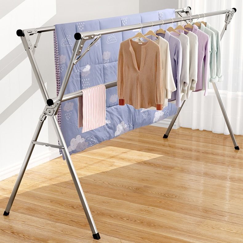 Stainless Steel Laundry Rack Floor Folding Indoor and Outdoor Drying Rack Double Pole Balcony Clothes Rack X Type Simple Clothing Rod Double pole Stainless Steel Clothes Rack Stand Clothes Hanging Sta...
