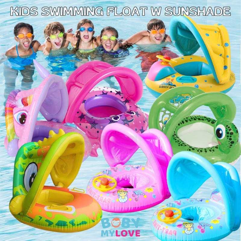 Kids Swimming Ring Inflatable Baby Float w Sunshade Water Pool Float ...