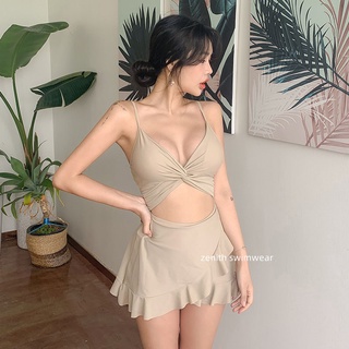 2024 One Piece Korean Hot Spring New Swimsuit Women Small Chest Sexy  Pleated Conservative Belly Covering Retro Holiday Swimsuit