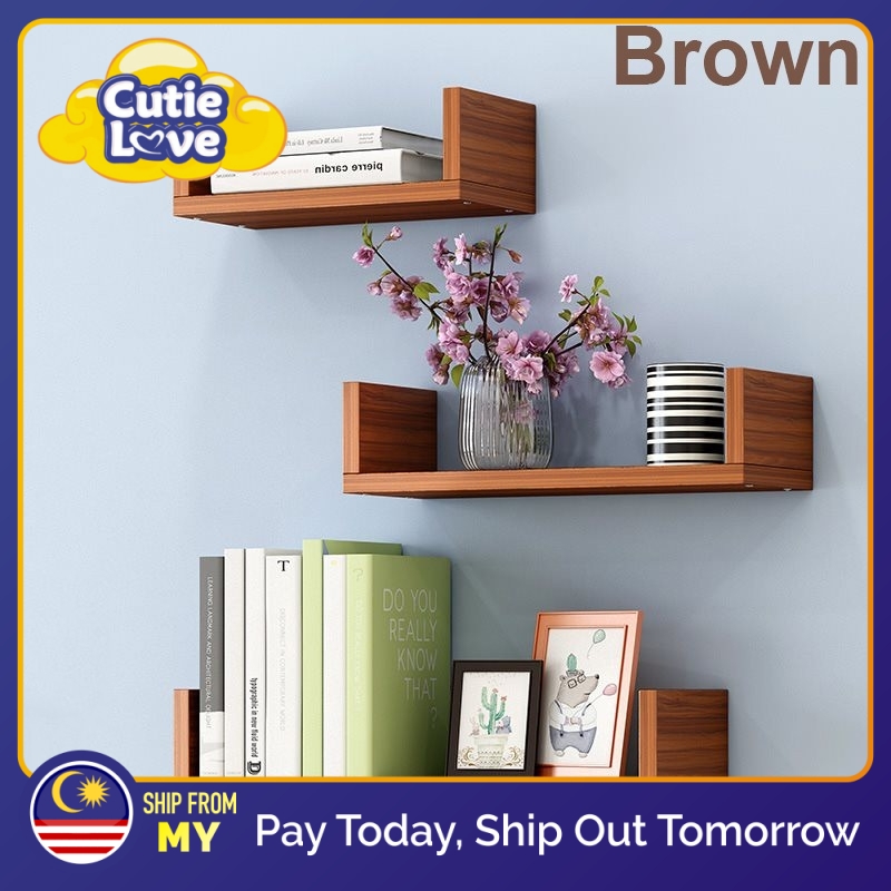 3 PCS Floating Wall Shelves Rak Dinding Gantung Hiasan Kayu No Drill ...