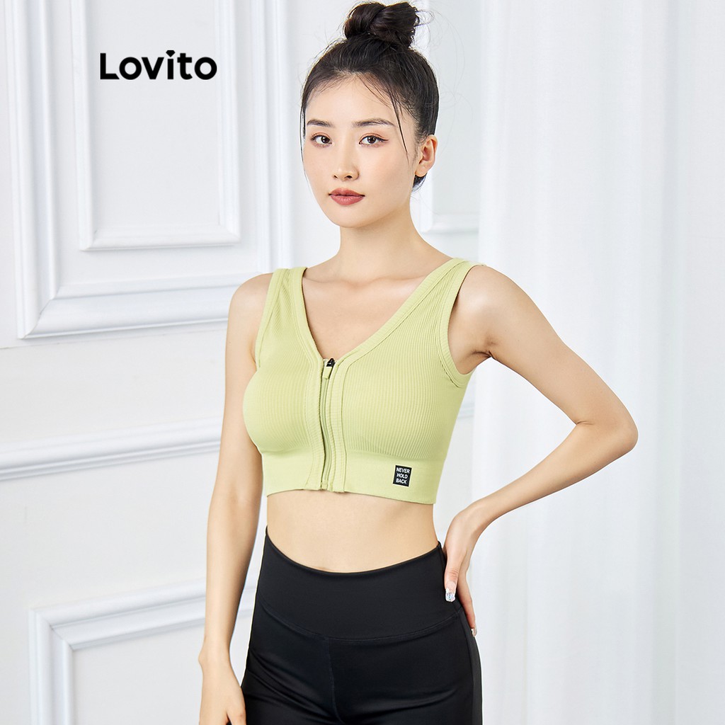 Lovito Plain Yoga Top Zipper Front Push up Sports Bra with Removable Pads  L15X190 (Light Green)