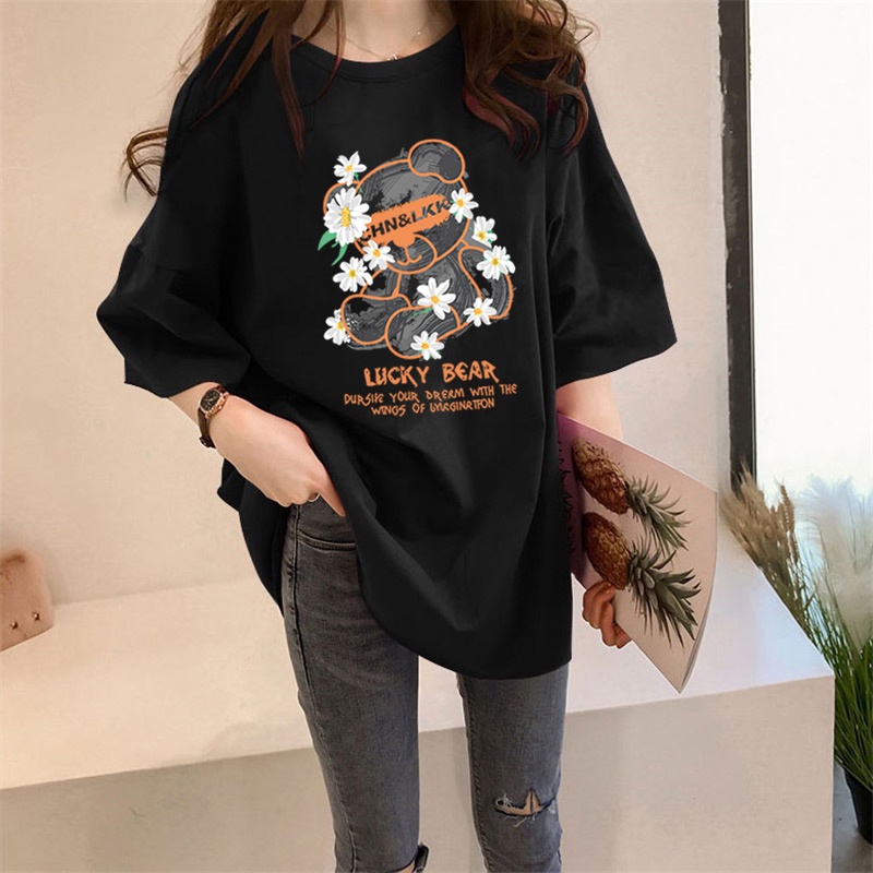 Lucky Bear Print Short Sleeve T-shirt Famle Loose Top Casual Women's Clothing