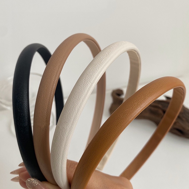 New Women Vintage Pu Leather Plain Thin Hairbands Simple Handmade Solid