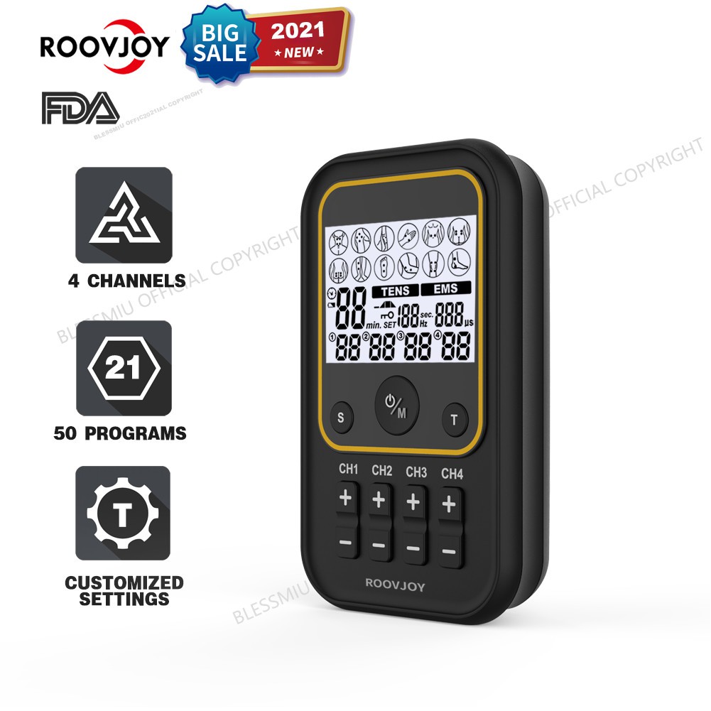 [4 CHANNELS] ROOVJOY RC6 Rechargeable TENS Unit Machine EMS Muscle ...