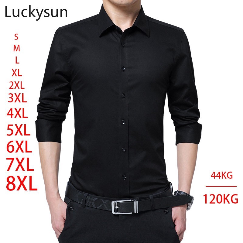 [M~8XL] Black Shirt Men Long Sleeve Formal Shirts Plus Size Korean Slim Fit Plain Top Clothing Kurta