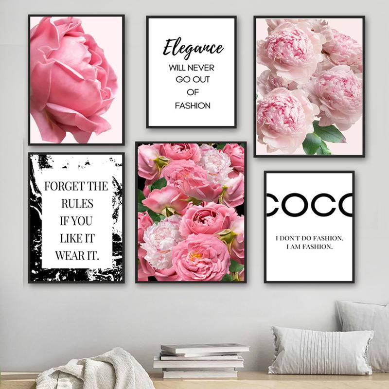 Pink Peony Flower Perfume Woman Quotes Wall Art Canvas Painting Prints ...