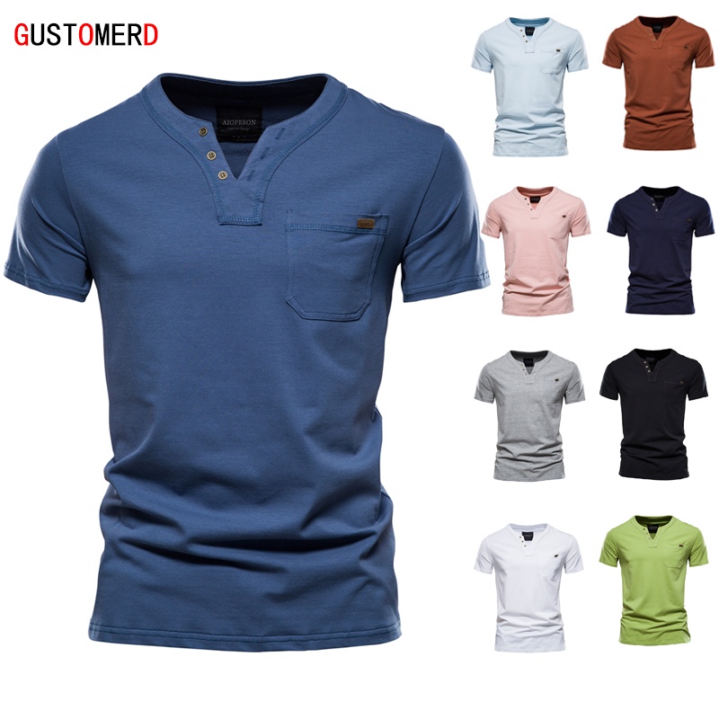 Summer Top Quality Cotton T Shirt Men Solid Color Design V-neck T-shirt Casual Classic Men's Clothing Tops Tee Shirt Men