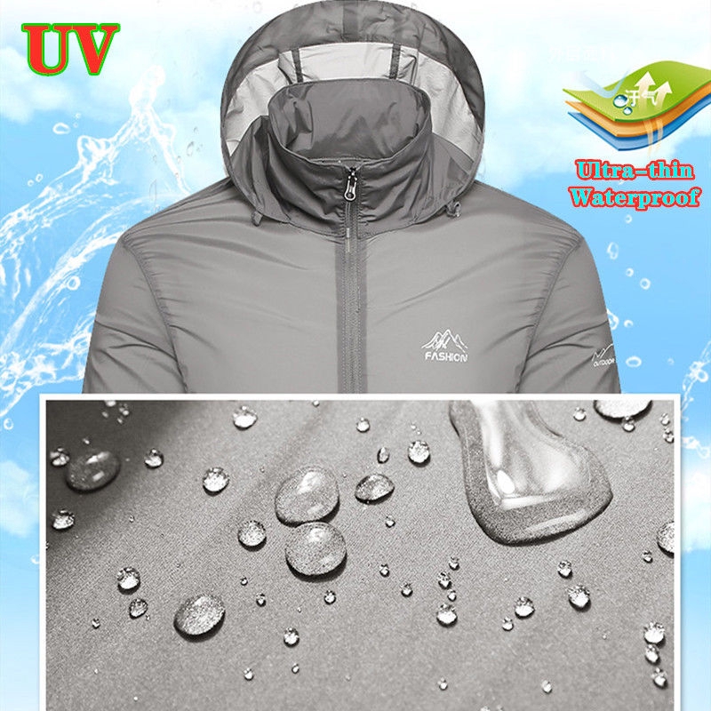 Hooded Ultrathin lightweight Real UV clothing Waterproof fishing clothes  Elastic Sun protection jacket Men Summer Outdoors Beach top Long sleeve  vacation wear shirt Blue white gray Unisex young people