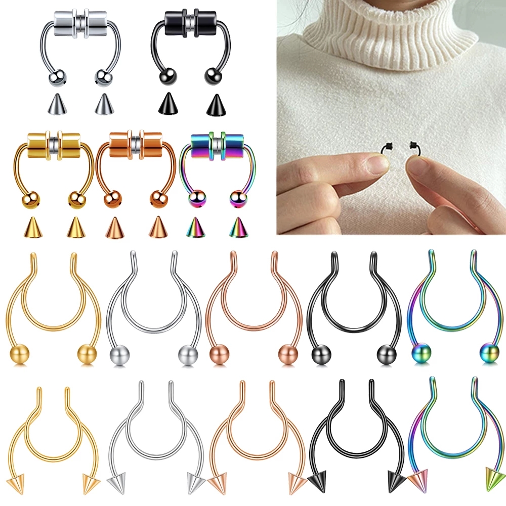 1/2Pcs Reusable Magnetic Unisex Fashion Magnetic Stainless Steel Nose Ring / Fake Piercing Septum Rings Clips With Replacement Tips Jewelry Gifts