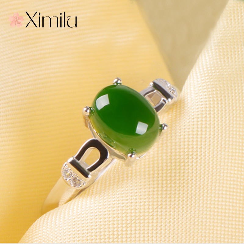 XIMILU Four-claw Natural Green Jade Ring Girls Jewelry White Gold ...