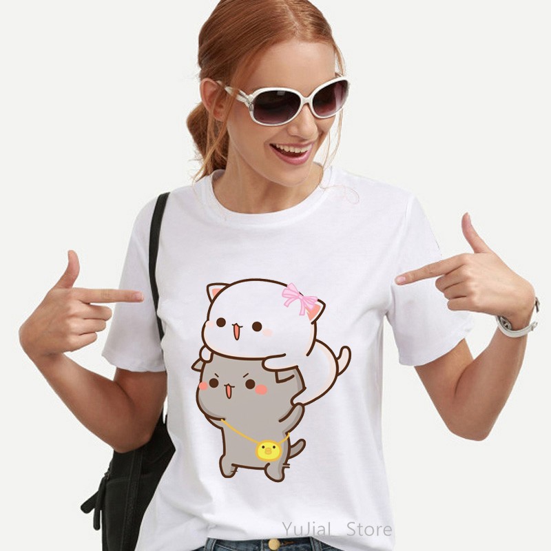 Kawaii Women'S Clothing Vogue Peach And Goma Mochi Cat Cartoon Print Tshirt Femme Korean Style Clothes Harajuku T Shirt Tops