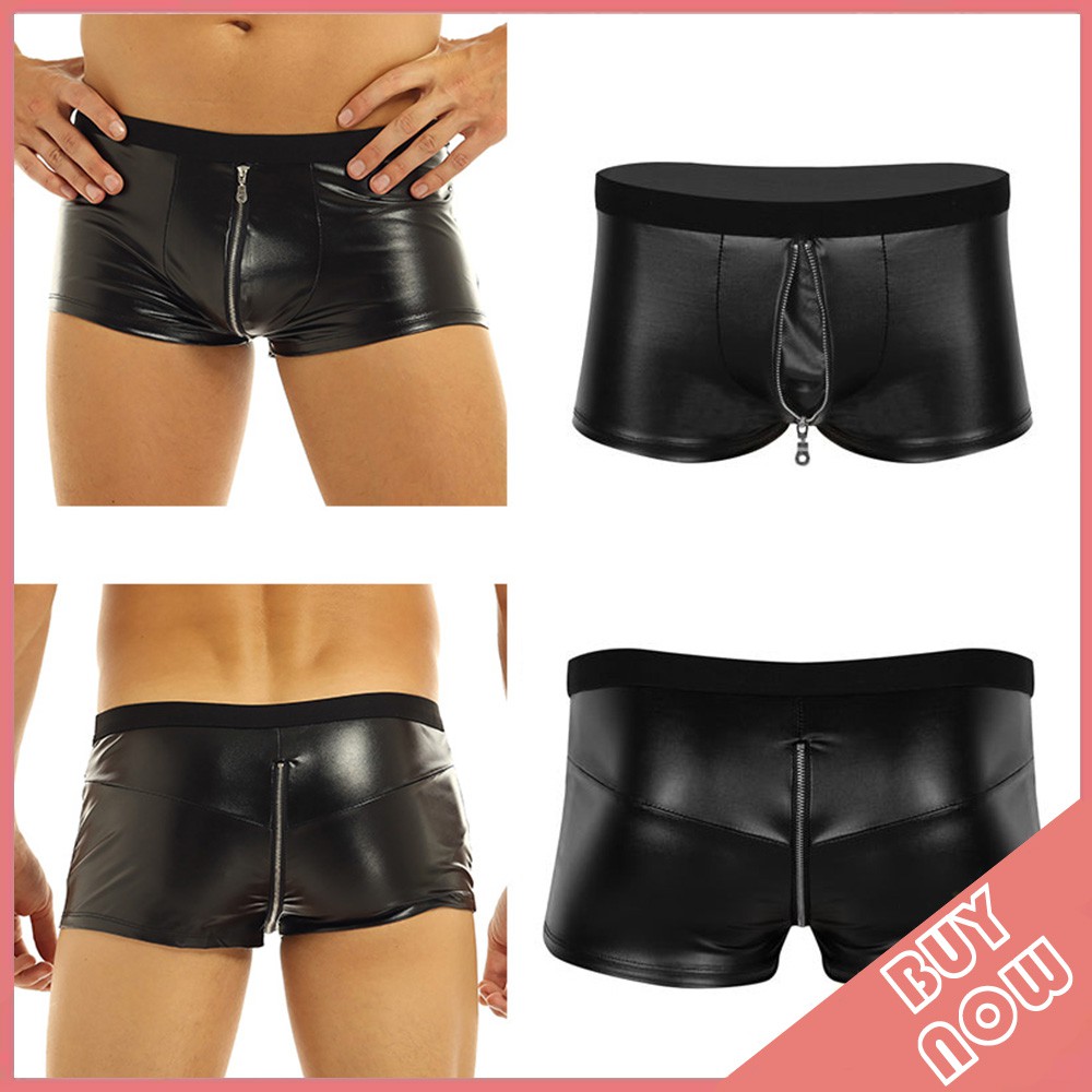 Mens Lingerie Wet Look Faux Leather Zipper Bulge Pouch Low Rise Briefs  Shorts Underwear Underpants