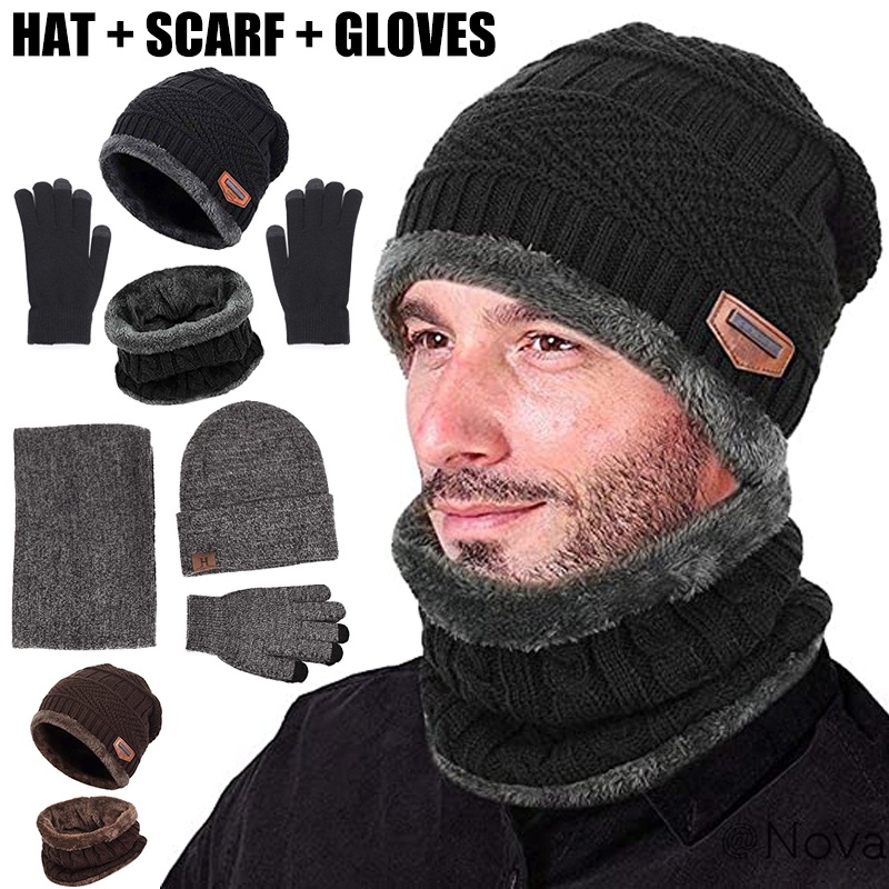 Winter Warm Beanie Hat Scarf Gloves Set Unisex Winter Warm Knitted ...