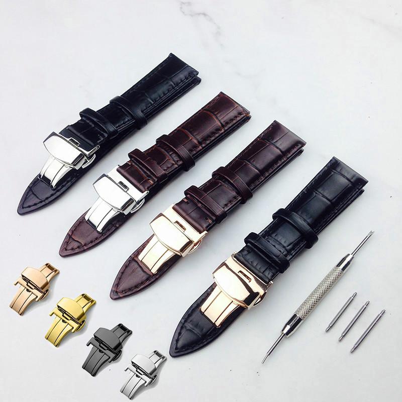 18mm 20mm 22mm 24mm Universal Wrist Soft Leather Steel Butterfly Buckle ...