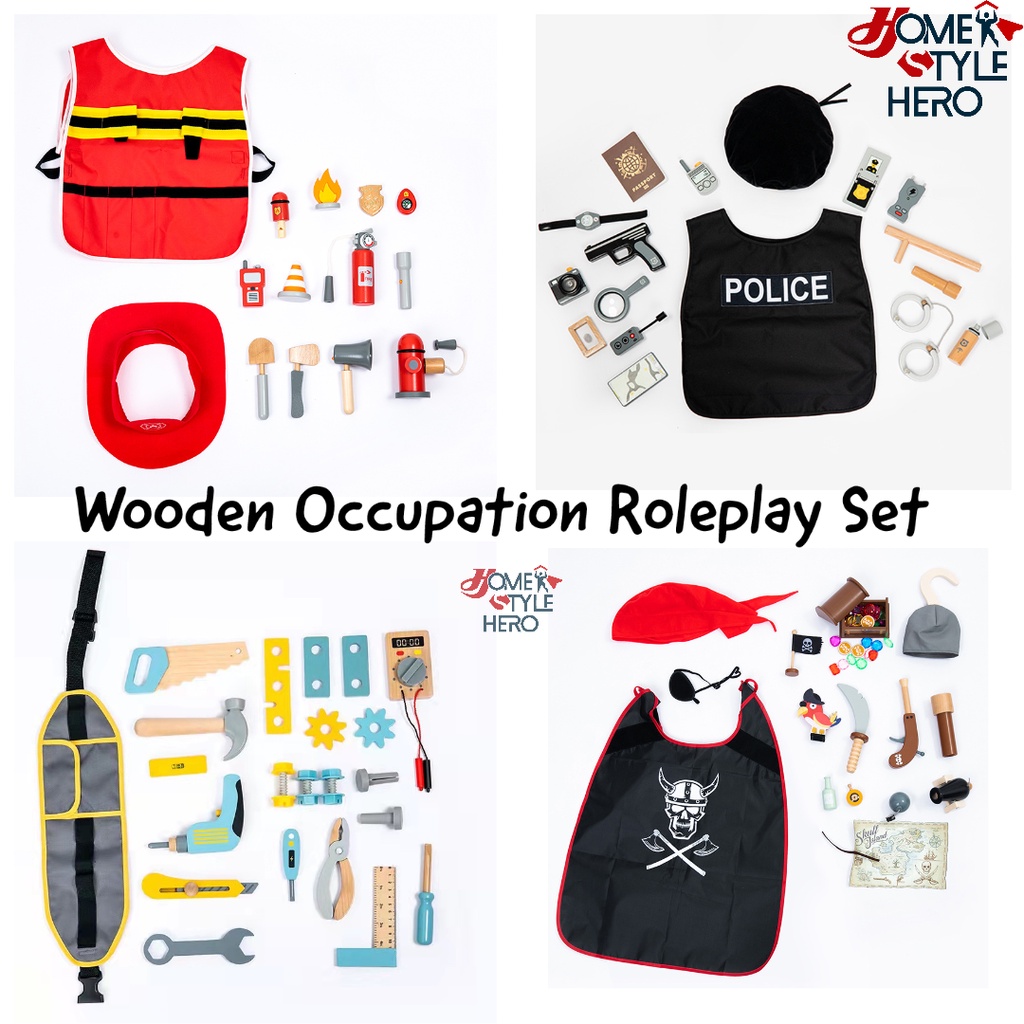 [SG Stock] Kids Roleplay Occupation Costumes with Wooden Accessories Pretend Play Police Fireman Handyman Cosplay Set