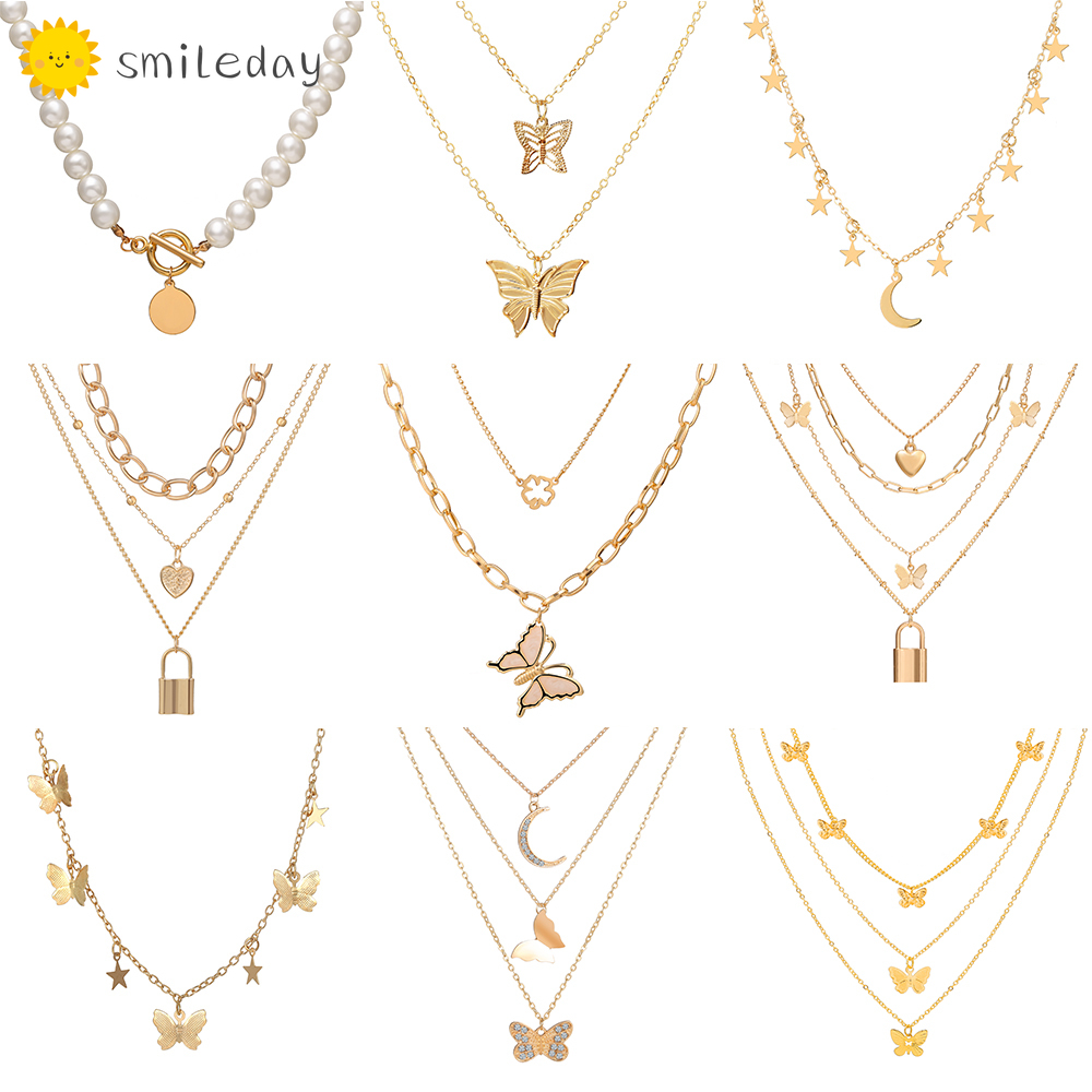 Fashion Retro Pearl Butterfly Gold Necklace Moon Lock Multilayer Pendant Necklace Chain Choker Women Jewelry Accessories