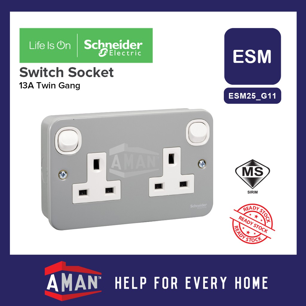 Schneider Kavacha ESM Metal Clad Series Switch Socket Twin Gang 2 Gang ...