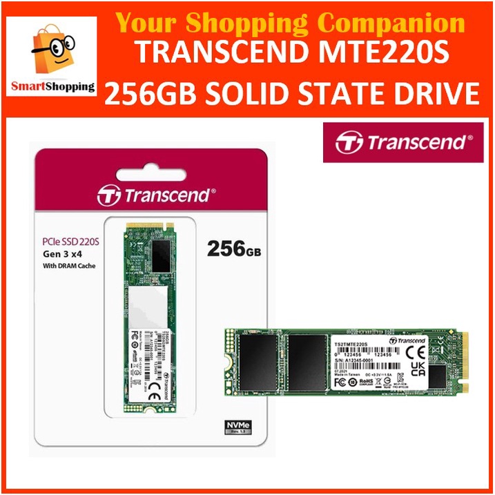 Transcend MTE220S 256GB M.2 2280 PCIe NVMe SSD 3D Nand TLC Gen3x4 M Key 3D TLC w DRAM Cache TS256GMTE220S 5 Yrs Sg Wty