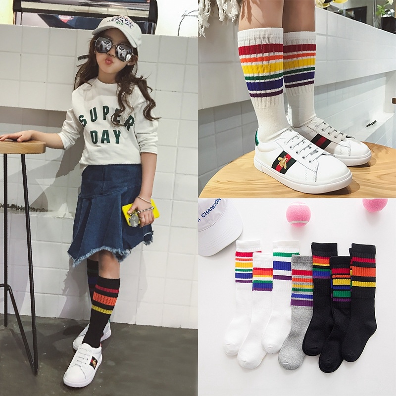 🔴Casual Girls Knee High Socks Boys Socks Sox Rainbow Striped Children ...