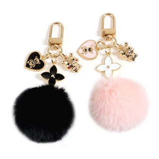 NEW French Bulldog Fluffy Faux fake Fur Ball Keychain Animal Key Ring