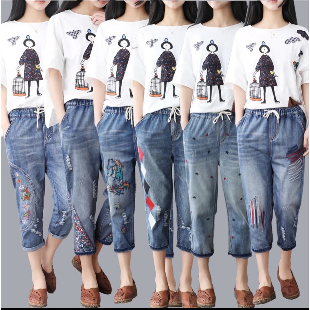 Elastic Waist Jeans Women's Fashion Clothing Pants Embroidered Cute Soft Comfortable Good Fabric No Color Bleed.