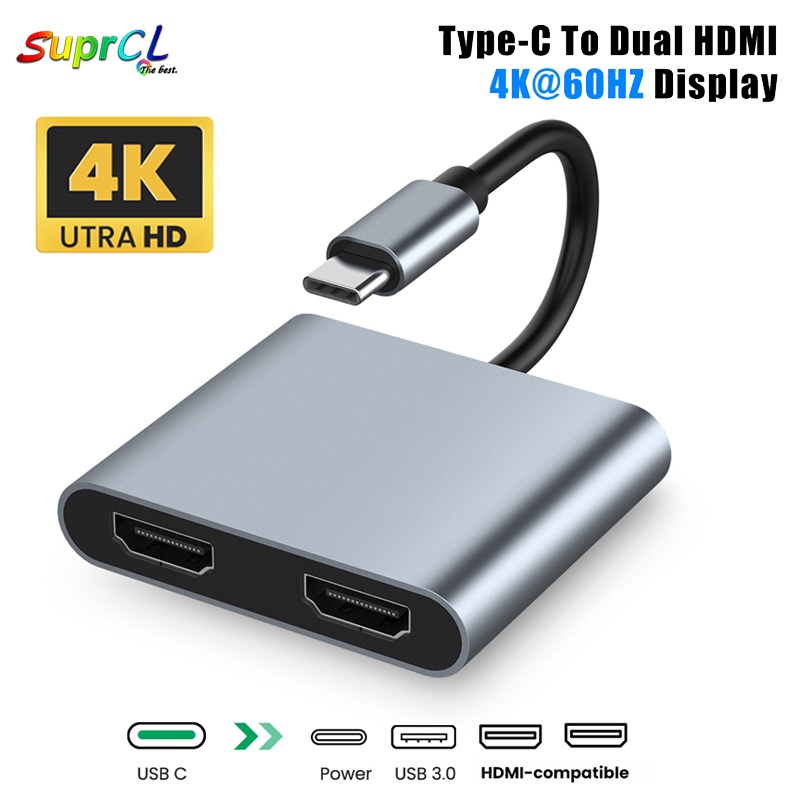 4in1 4K USB C to Dual HDMI Adapter Hub, includes USB and PD