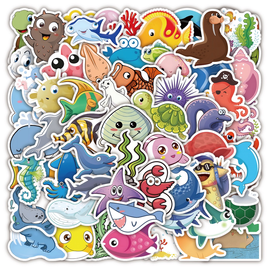 60 pcs Deep Sea Animals And Fishes Cute Cartoon Waterproof PVC Stickers ...