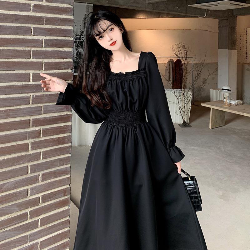 Black Dresses Women's Spring/ Autumn New French Retro Square-neck ...