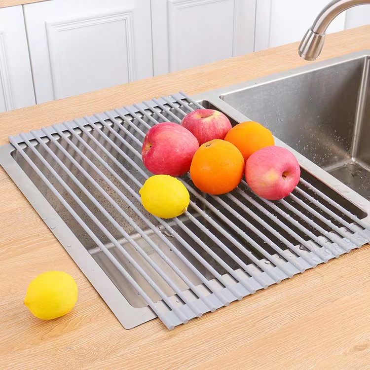 Foldable Kitchen Sink Rack Roll Drying Rack Silicone Stainless Steel