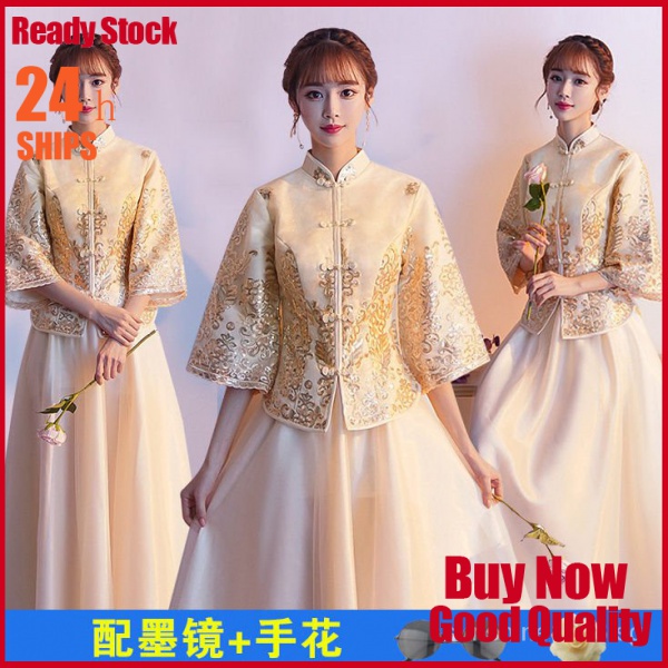 ?✨chinese new year clothes,Spring Festival clothing,Cheongsam,Hanfu,tang suit,Ready Stock?✨Bridesmaid Dress Chinese Style Bridesmaid Dress Long Wedding Retro Chinese Republican Style Slimming Girlfrie