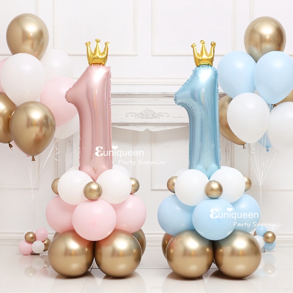Baby Boy Girl Ins Pastel Pink Blue Crown Digital 1 Balloon Column Crown ...