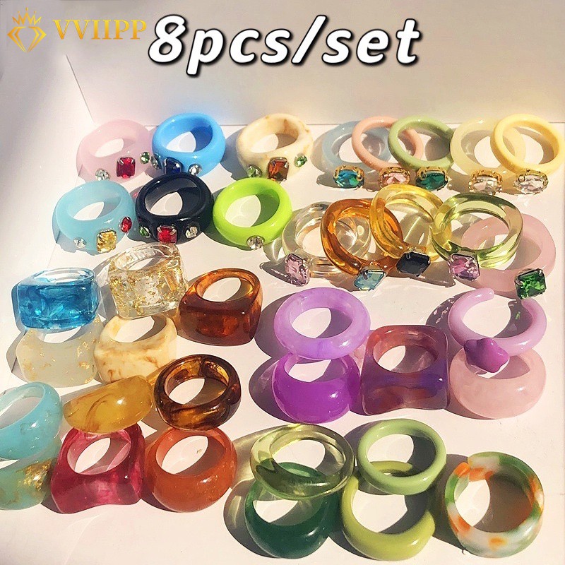 8Pcs/Set Fashion Colorful Resin Ring Set Fruits Diamond Casual Rings Korean Women Jewelry Accessories