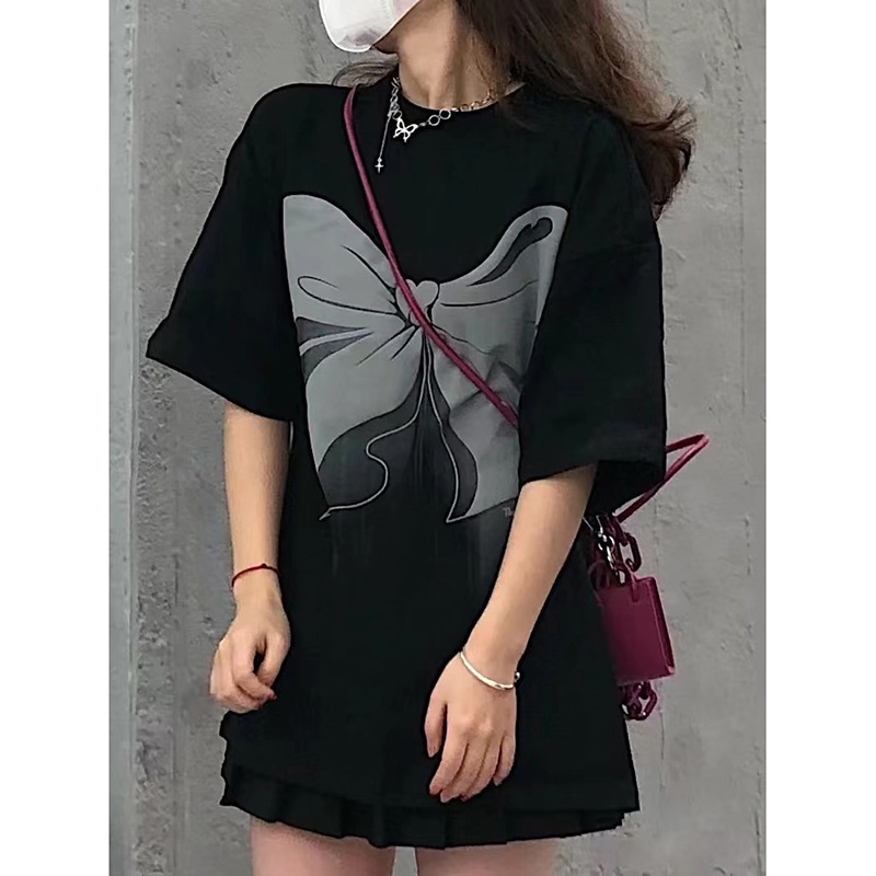 Korean Summer T-shirt Women's Fashion Bow Print 2022 New Loose Female Oversize Student Clothing Harajuku Short Sleeve Tops Baju