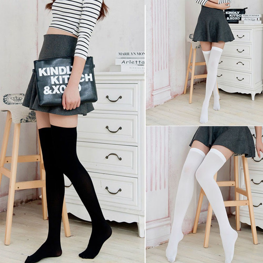 1Pair Over Knee Thigh High Black White Skinny Stockings Long Cotton ...