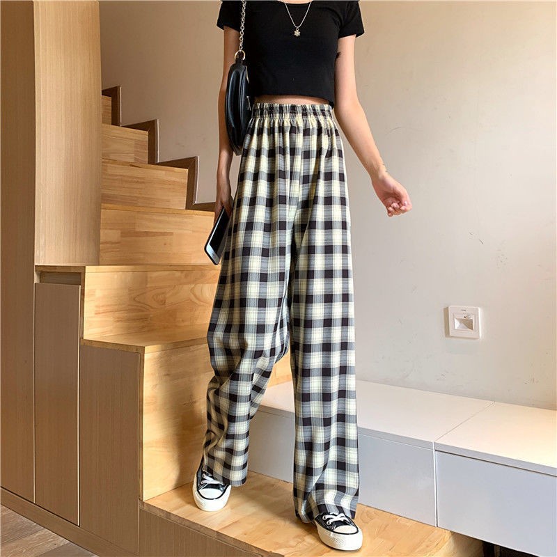 Korean Style Summer Thin Loose and Comfortable Plaid Pants Wide Leg ...