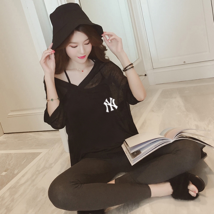 27t3559 # Summer Clothing New Large Size V Neck Loose Round Neck Printed Short Sleeve Sling Two-piece Bottoming Shirt Top Women