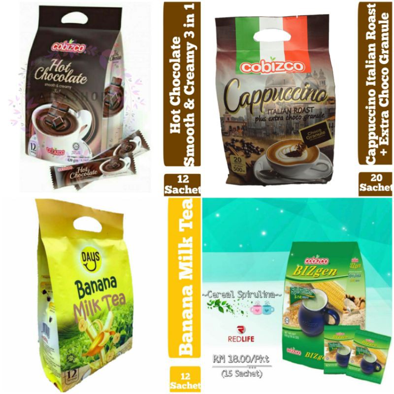 BANANA MILK TEA, HOT CHOCOLATE, CAPPUCCINO, CEREAL SPIRULINA