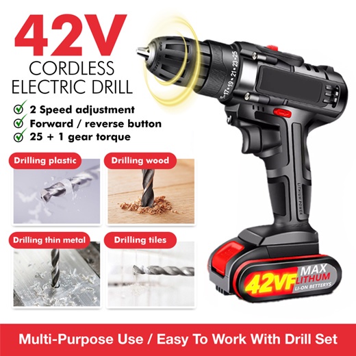 42V Electric Drill Cordless Drill Flat Hammer Impact Drilling Electric Screwdriver Tools Powered