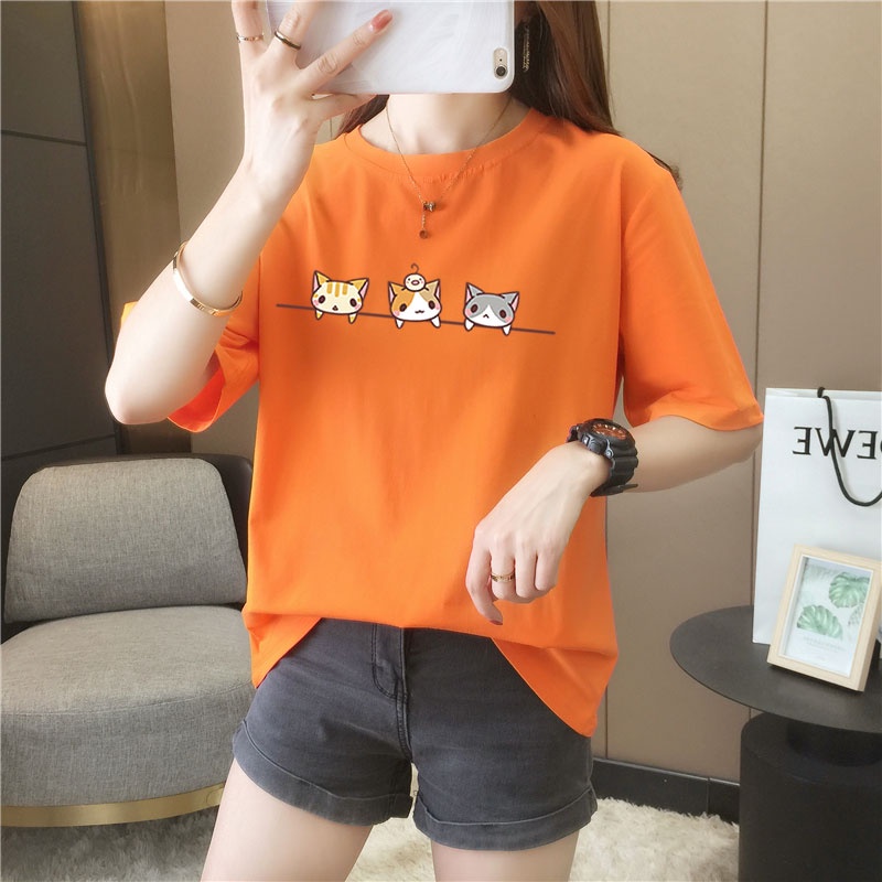 Women Simple Short-sleeved Top Cartoon Cat Print T-shirt Loose Round ...